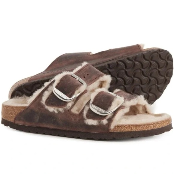 New Birkenstock Arizona Big Buckle Shearling Sandals Leather Brown